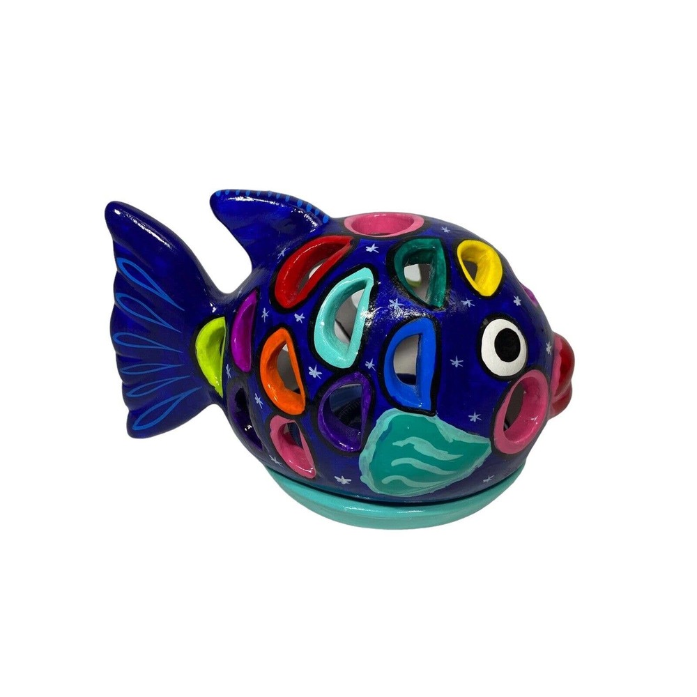 Votive Fish Pottery Tealight Blue Colorful Cut Out
